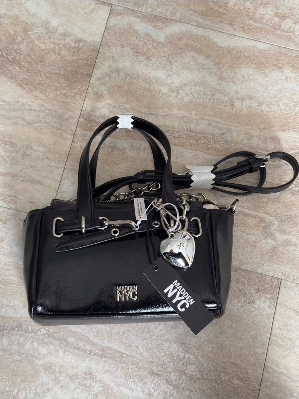 Madden NYC Black Patent Satchel with Heart Charm